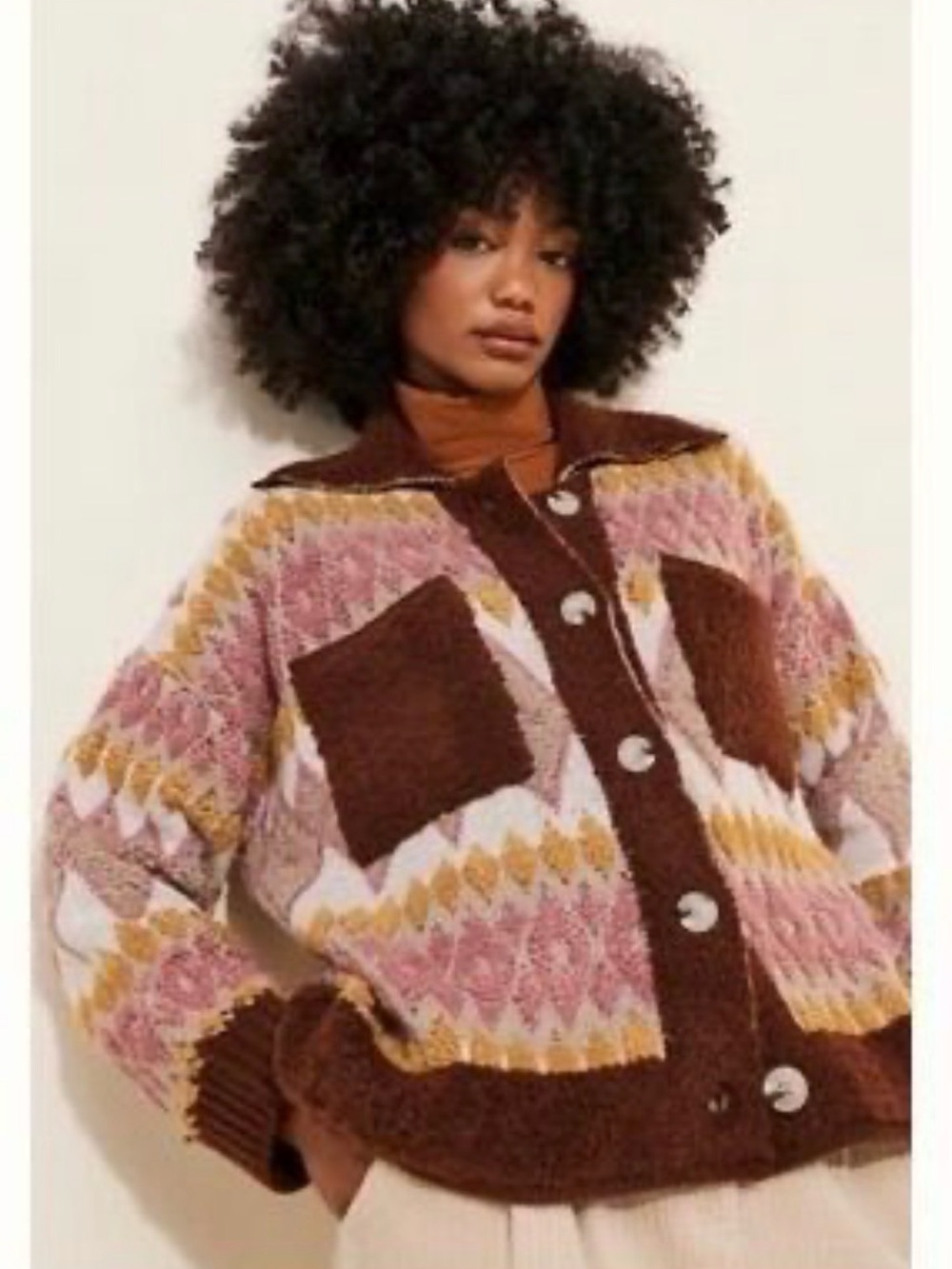 Anthropologie Flat White Textured Fair Isle Cardigan Jacket – Size Small
